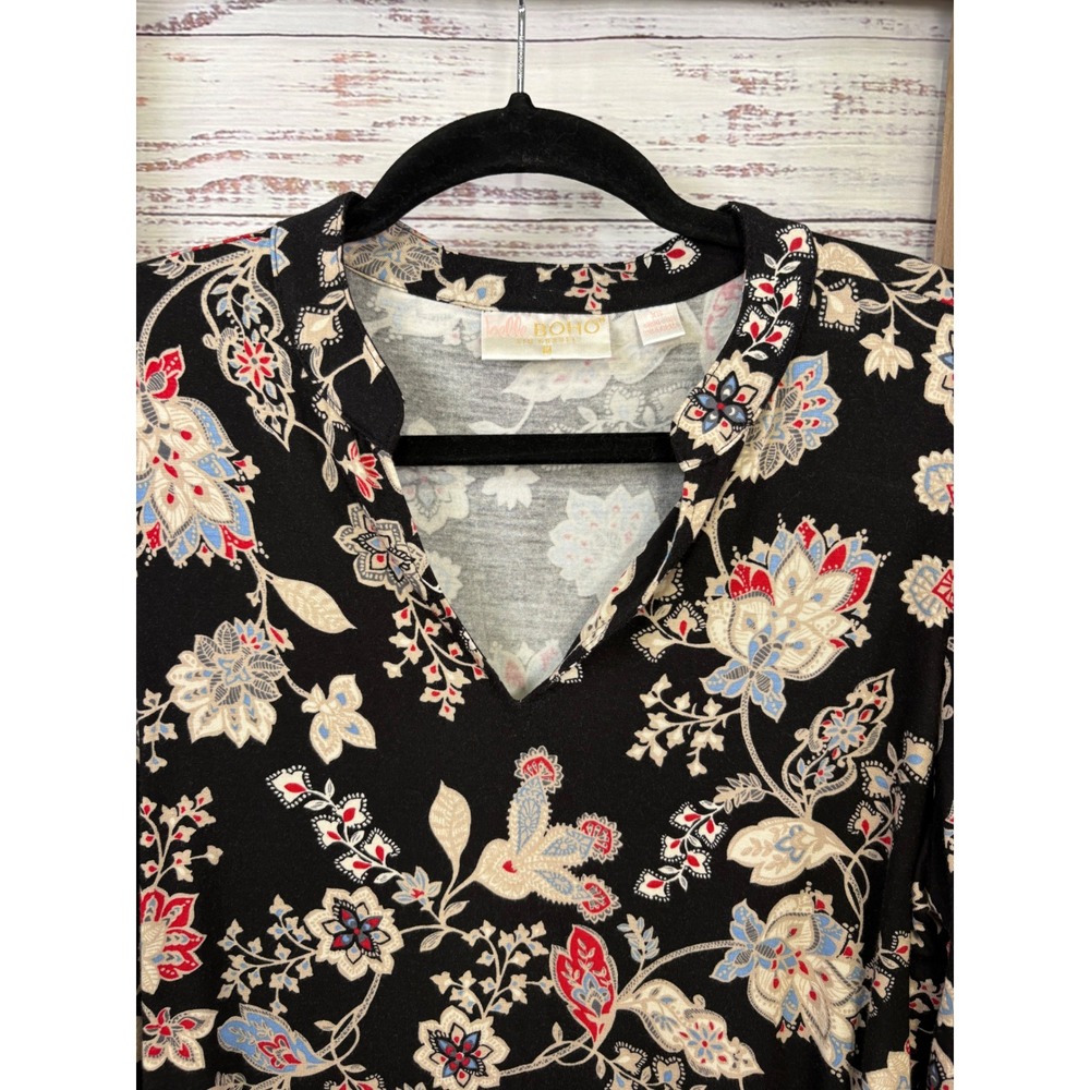 Belle Boho Kim Gravel Black Floral Paisley Split Neck Long Sleeve Top XS - Picture 6 of 10
